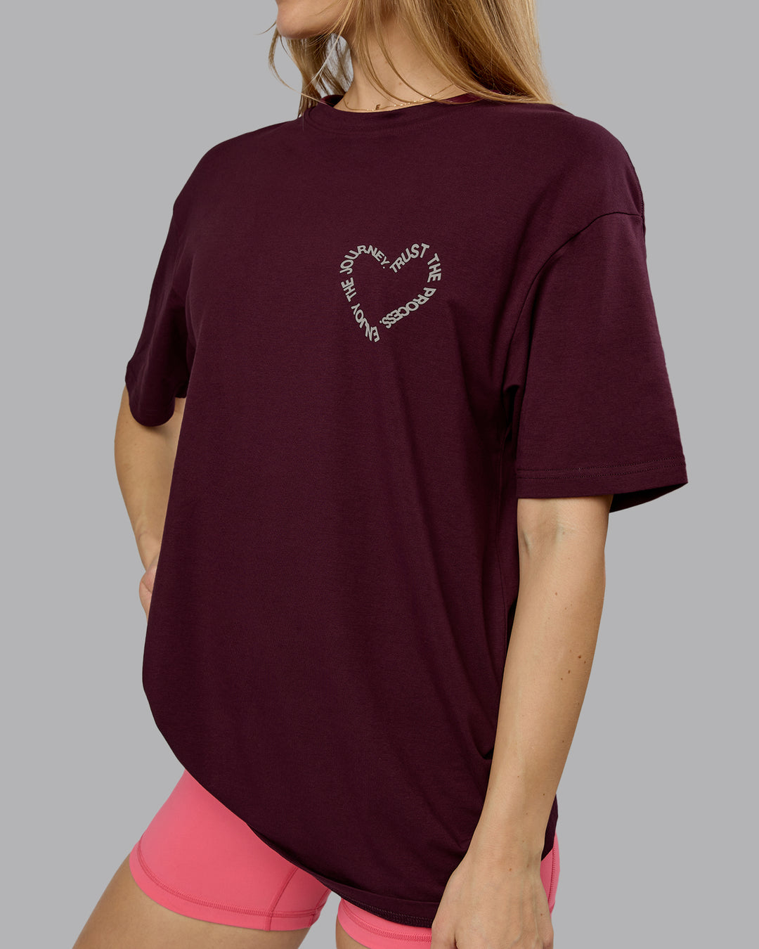 Woman wearing Love The Process FLXCotton Oversize Tee - Cherry Lacquer-Shale Beige | Model:Emilie | Size:XS - view 11