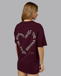 Woman wearing Love The Process FLXCotton Oversize Tee - Cherry Lacquer-Shale Beige | Model:Emilie | Size:XS | Thumbnail Index: 1