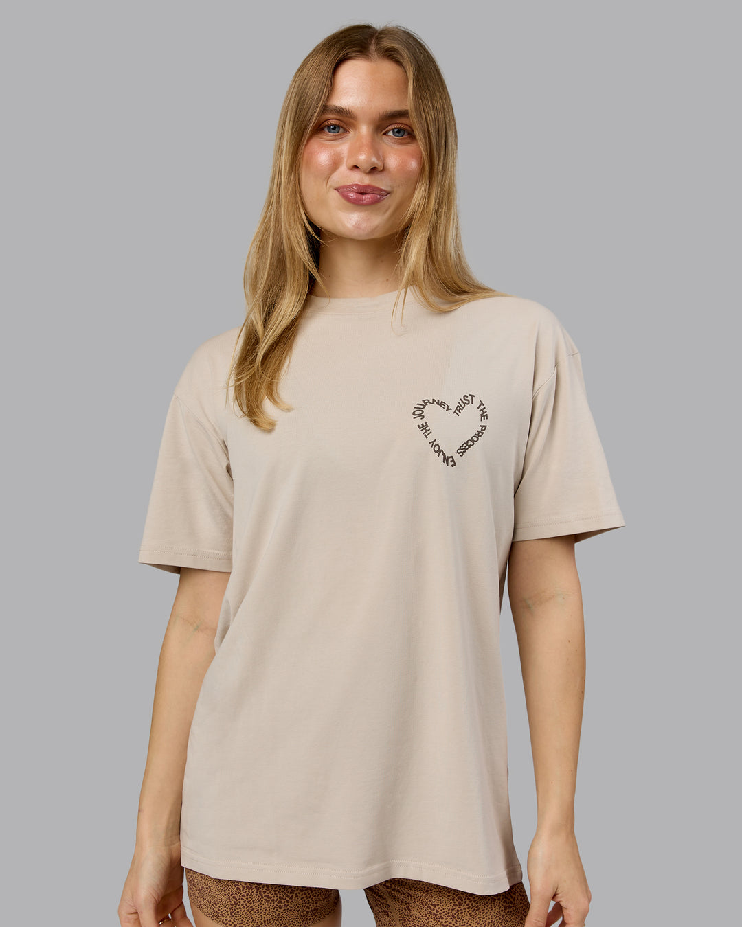 Woman wearing Love The Process FLXCotton Oversize Tee - Shale Beige-Choc | Model:Emilie | Size:XS - view 3