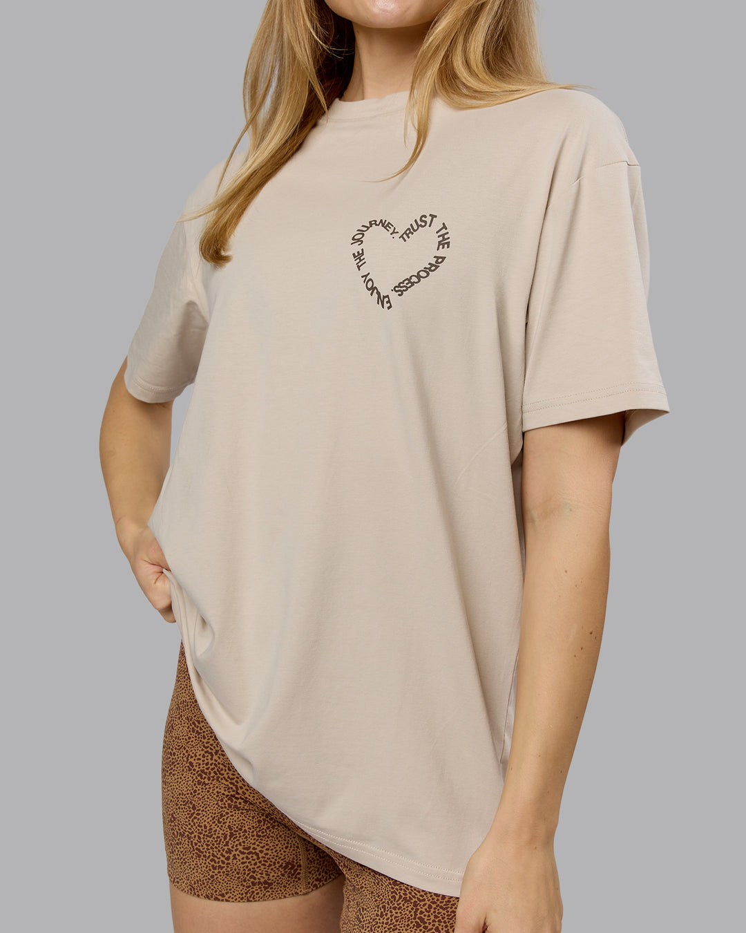 Woman wearing Love The Process FLXCotton Oversize Tee - Shale Beige-Choc | Model:Emilie | Size:XS - view 8