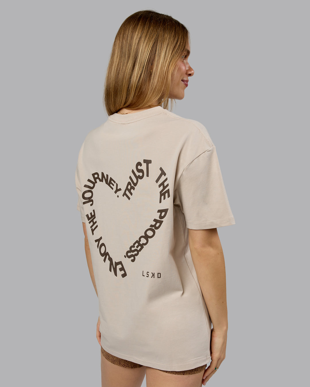 Woman wearing Love The Process FLXCotton Oversize Tee - Shale Beige-Choc | Model:Emilie | Size:XS - view 7
