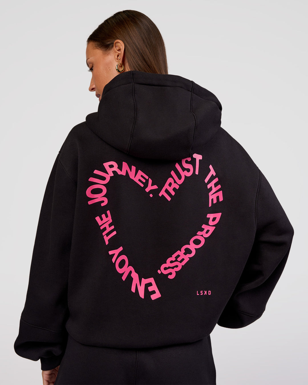 Woman wearing Love The Process Zip Through Hoodie - Black-Sugar Plum | Model:Brylee | Size:XS - view 1