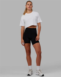 Woman wearing MVP Heavyweight Cropped Tee - White | Thumbnail Index: 4
