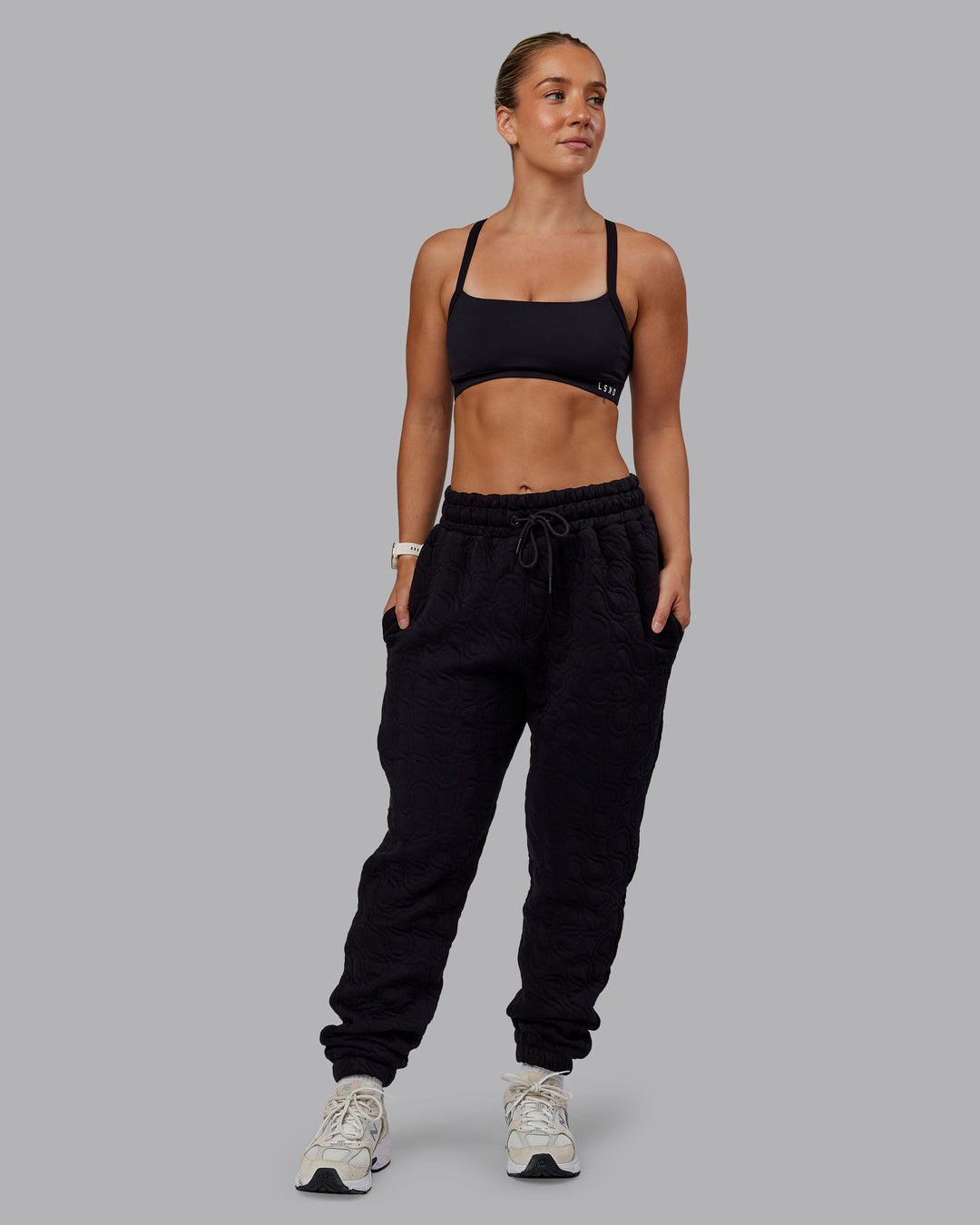 Woman wearing MVP Quilted Track Pant - Black-Geometric | Model:Lyss | SIze:XS - view 5