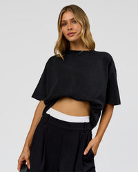 Woman wearing Memory in Motion Heavyweight Oversized Tee - Black Washed | Model:Leilani | Size:XS | Thumbnail Index: 4