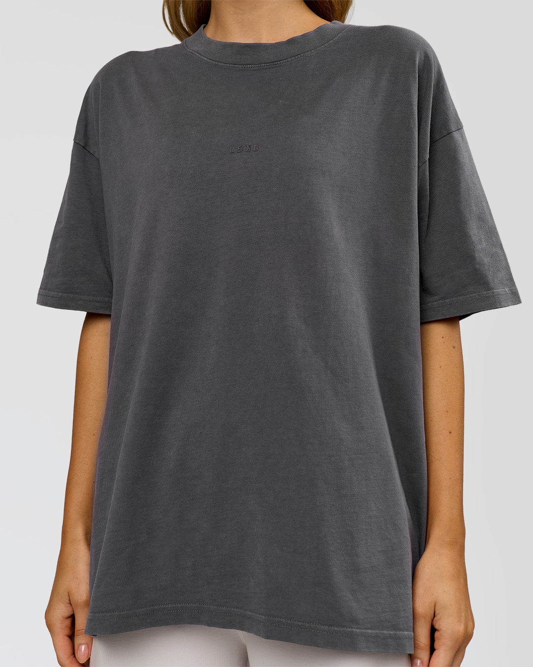 Woman wearing Memory in Motion Heavyweight Oversized Tee - Dark Storm Washed | Model:Leilani | Size:XS - view 9