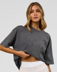 Woman wearing Memory in Motion Heavyweight Oversized Tee - Dark Storm Washed | Model:Leilani | Size:XS | Thumbnail Index: 4
