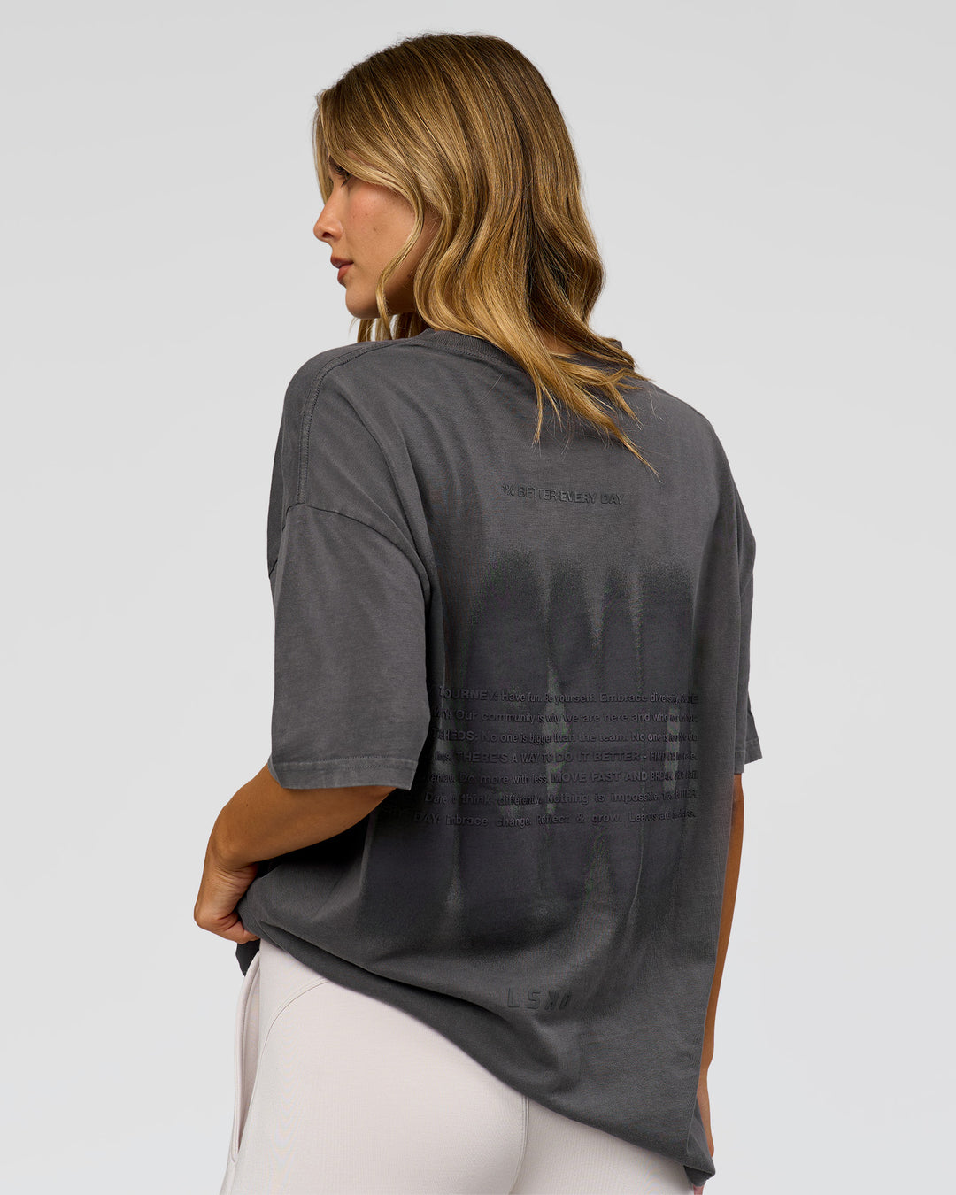 Woman wearing Memory in Motion Heavyweight Oversized Tee - Dark Storm Washed | Model:Leilani | Size:XS - view 4