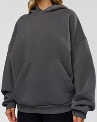 Woman wearing Memory In Motion Ultra Heavyweight Washed Hoodie - Dark Storm Washed | Model:Leilani | Size:XS | Thumbnail Index: 15