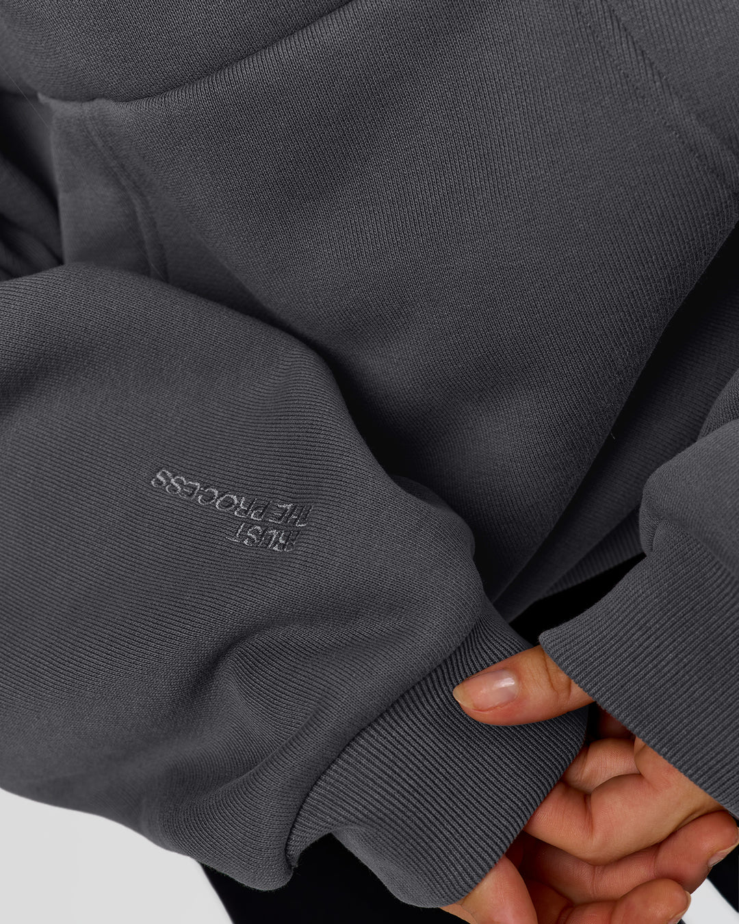 Woman wearing Memory In Motion Ultra Heavyweight Washed Hoodie - Dark Storm Washed | Model:Leilani | Size:XS - view 8