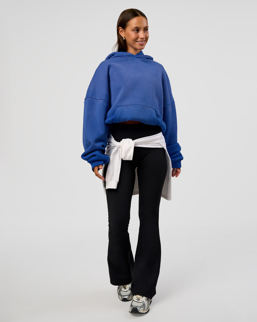 Woman wearing Memory In Motion Ultra Heavyweight Washed Hoodie - Electric Indigo Washed | Model:Brylee | Size:XS - view 12