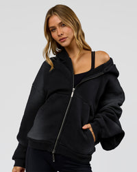 Woman wearing Memory in Motion Ultra Heavyweight Zip Thru Hoodie - Black Washed | Model:Leilani | Size:XS | Thumbnail Index: 7