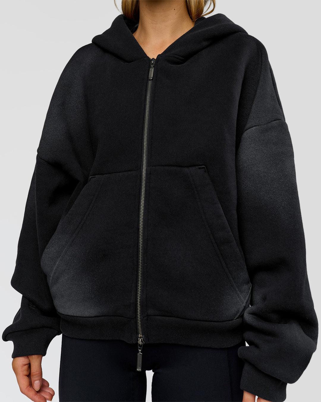 Woman wearing Memory in Motion Ultra Heavyweight Zip Thru Hoodie - Black Washed | Model:Leilani | Size:XS - view 15