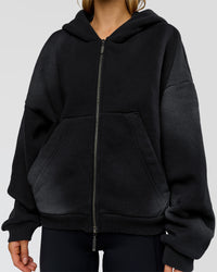 Woman wearing Memory in Motion Ultra Heavyweight Zip Thru Hoodie - Black Washed | Model:Leilani | Size:XS | Thumbnail Index: 14