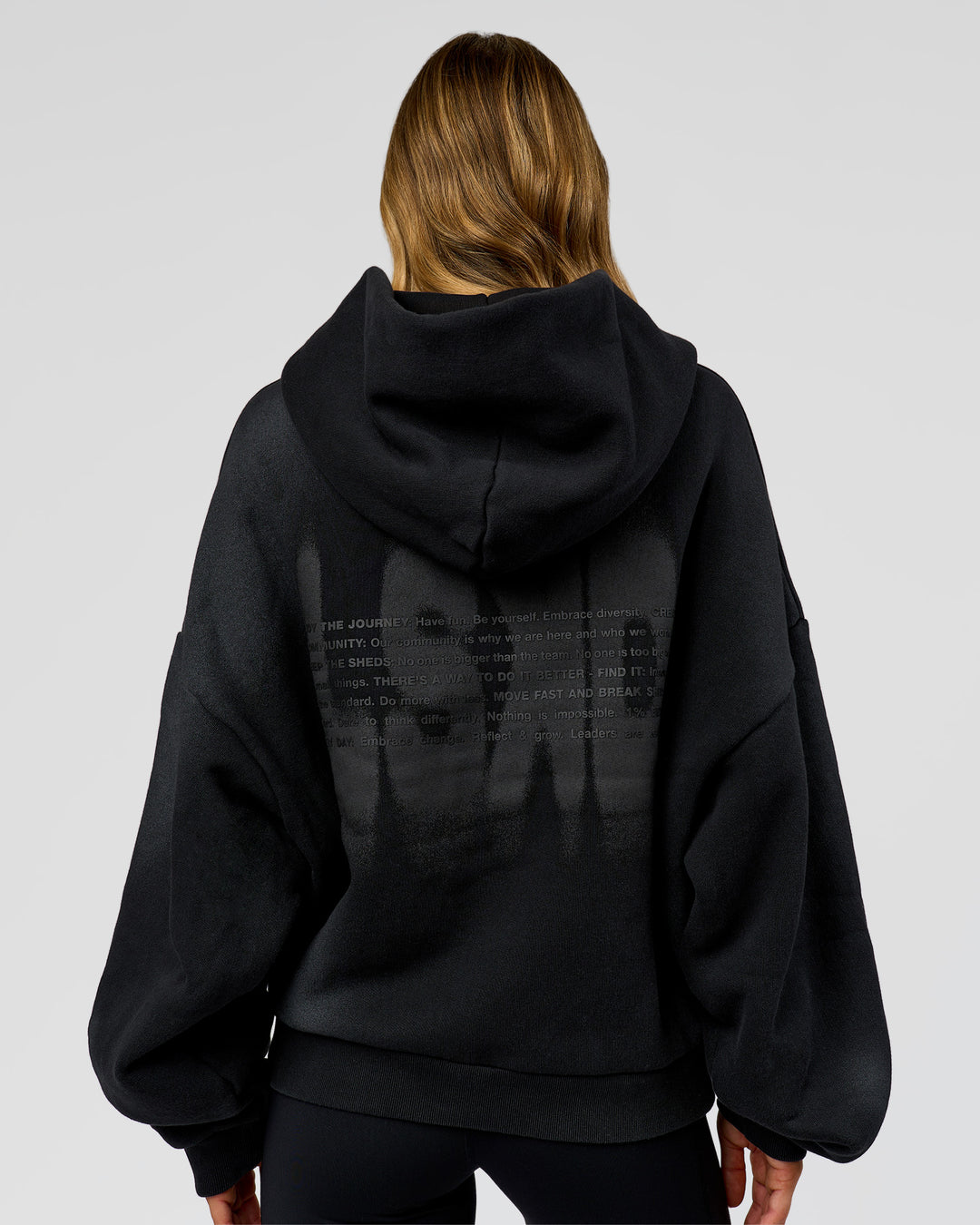 Woman wearing Memory in Motion Ultra Heavyweight Zip Thru Hoodie - Black Washed | Model:Leilani | Size:XS - view 12