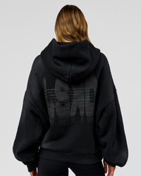 Woman wearing Memory in Motion Ultra Heavyweight Zip Thru Hoodie - Black Washed | Model:Leilani | Size:XS | Thumbnail Index: 11