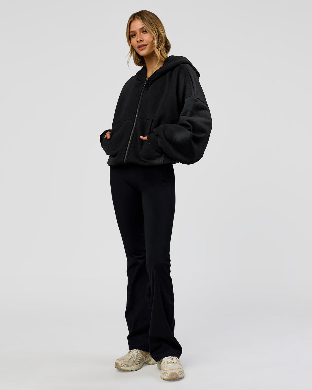 Woman wearing Memory in Motion Ultra Heavyweight Zip Thru Hoodie - Black Washed | Model:Leilani | Size:XS - view 9