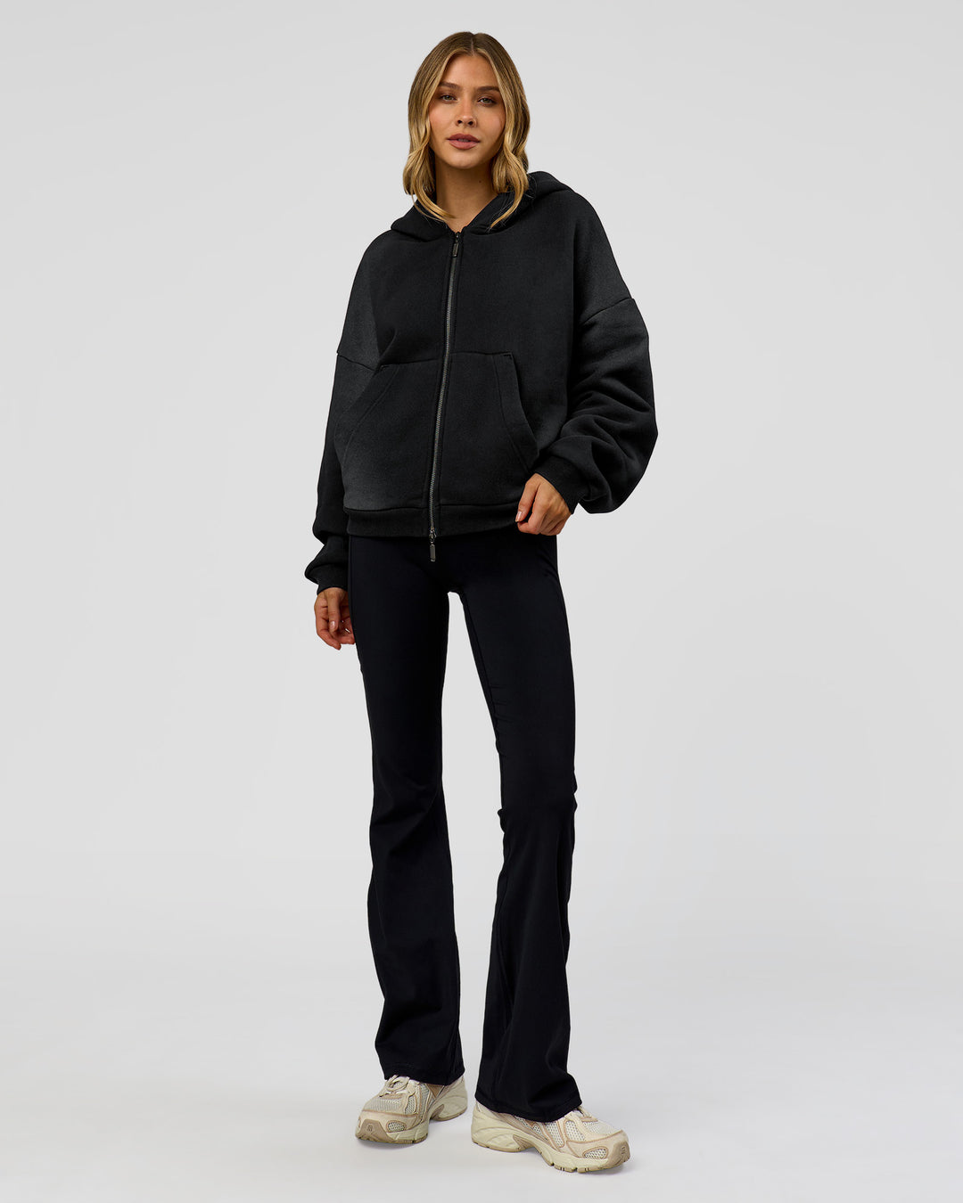 Woman wearing Memory in Motion Ultra Heavyweight Zip Thru Hoodie - Black Washed | Model:Leilani | Size:XS - view 16