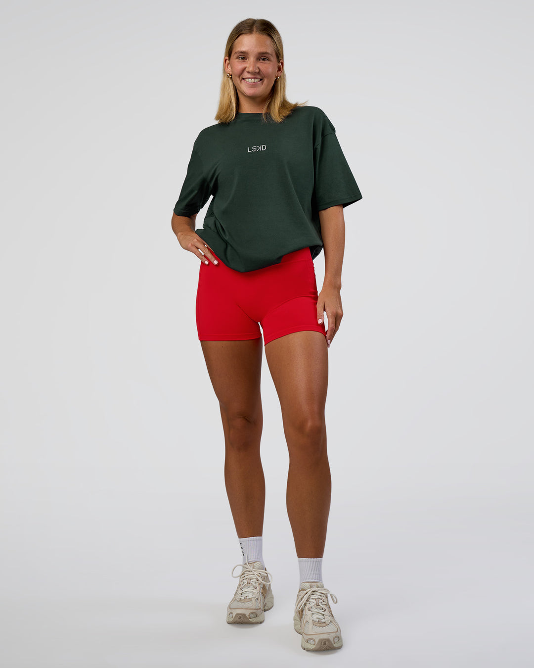 Woman wearing Merry Journey FLXCotton Oversized Tee - Vital Green-White | Model:Amity | Size:XS - view 12