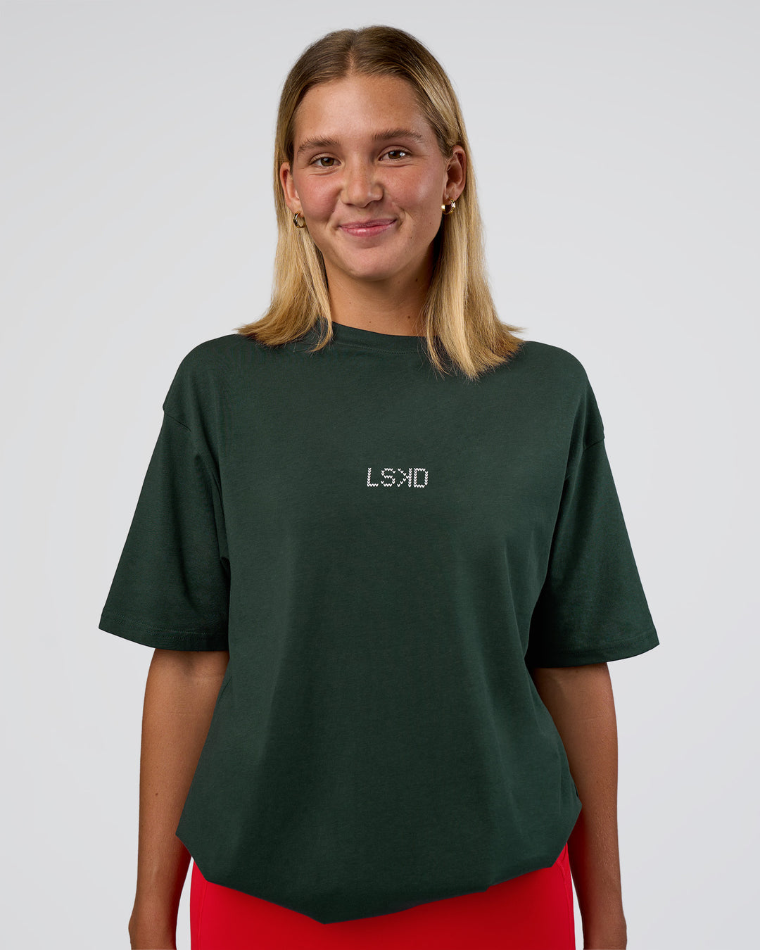 Woman wearing Merry Journey FLXCotton Oversized Tee - Vital Green-White | Model:Amity | Size:XS - view 5