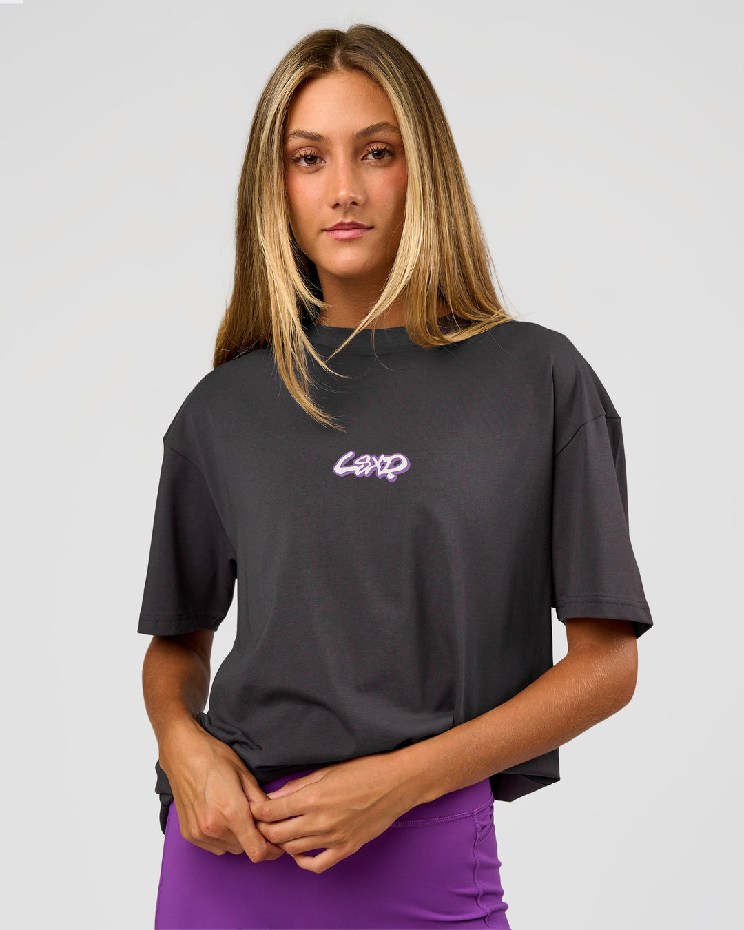 Woman wearing Miami Snatch FLXCotton Oversized Tee - Dark Storm-Marshmallow | Model:Georgia | Size:XS - view 4