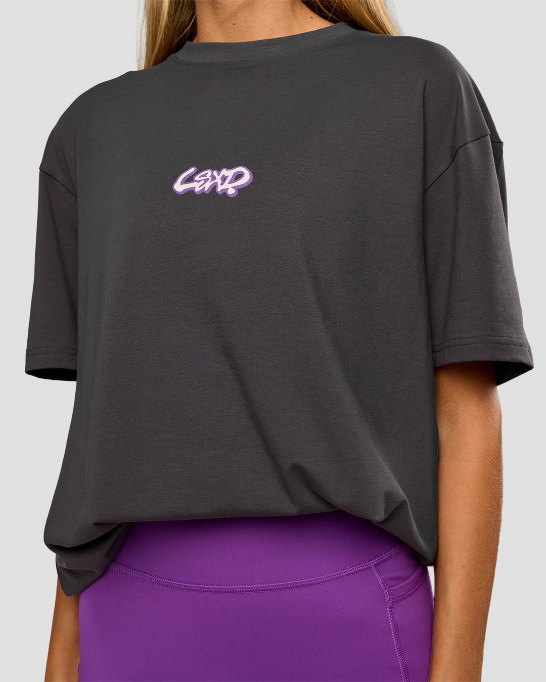 Woman wearing Miami Snatch FLXCotton Oversized Tee - Dark Storm-Marshmallow | Model:Georgia | Size:XS - view 11