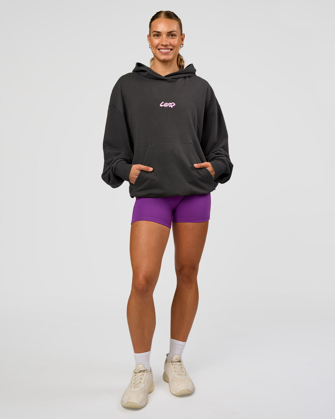 Woman wearing Miami Vibe Oversized Hoodie - Dark Storm-Marshmallow | Model:Maja | Size:XS - view 9