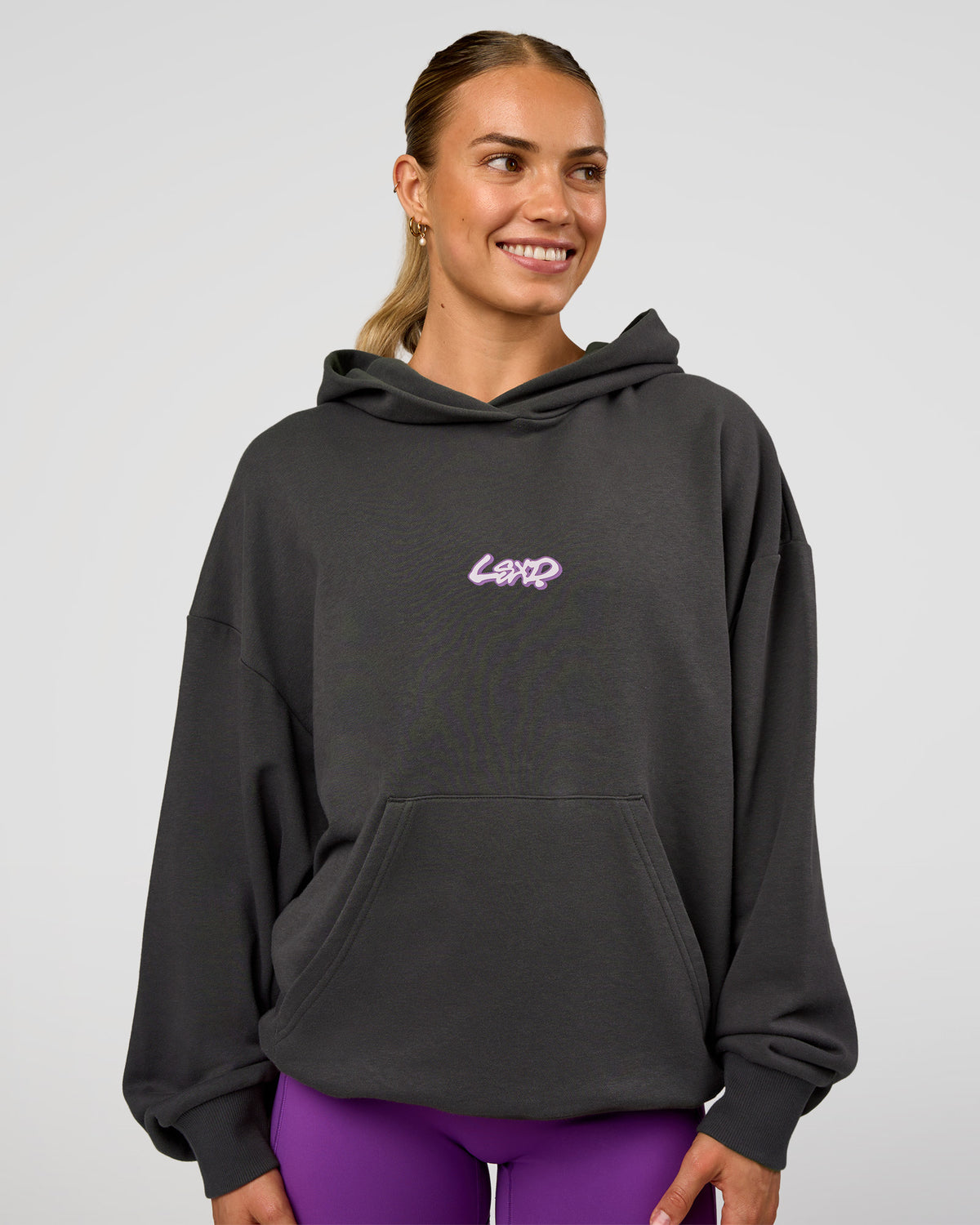 Woman wearing Miami Vibe Oversized Hoodie - Dark Storm-Marshmallow | Model:Maja | Size:XS