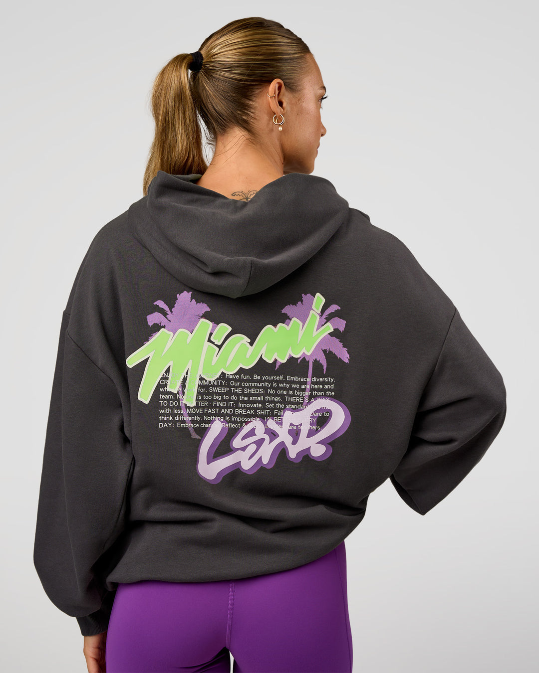 Woman wearing Miami Vibe Oversized Hoodie - Dark Storm-Marshmallow | Model:Maja | Size:XS - view 1