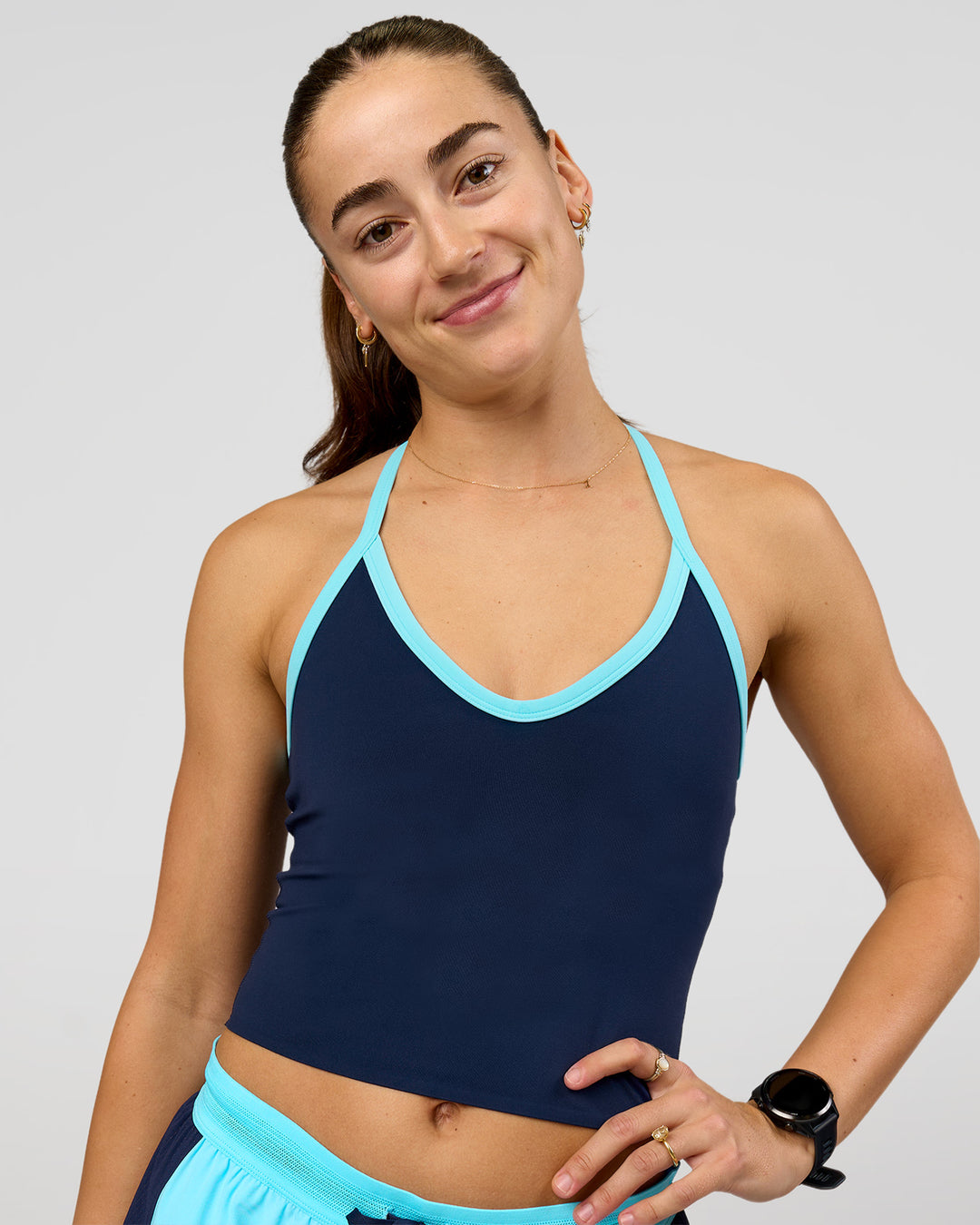 Woman wearing Milla Shelf Bra Tank - Future Navy-Baltic Sea | Model:Grace | Size:XS - view 4