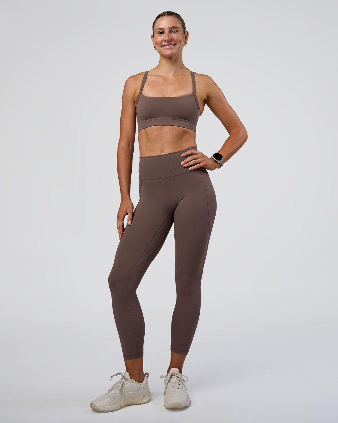 Woman wearing Momentum Sports Bra - Peppercorn | Model:Peppercorn | Size:XS - view 5