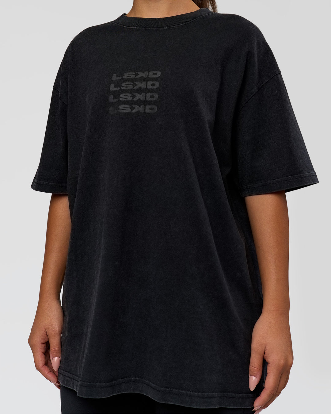Woman wearing Move Fast Heavyweight Oversized Tee - Black Washed | Model:Sophia | Size:XS - view 9