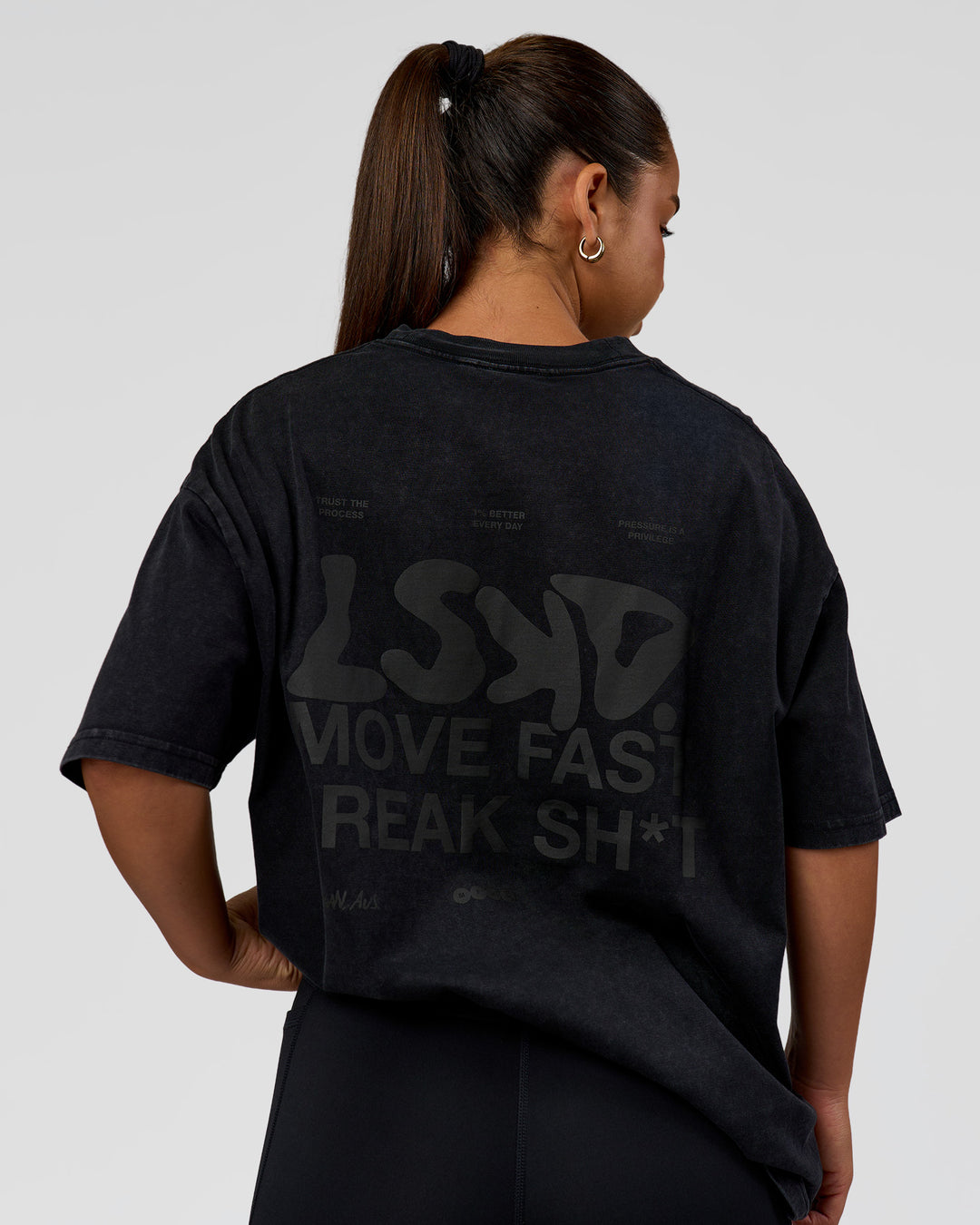 Woman wearing Move Fast Heavyweight Oversized Tee - Black Washed | Model:Sophia | Size:XS - view 8