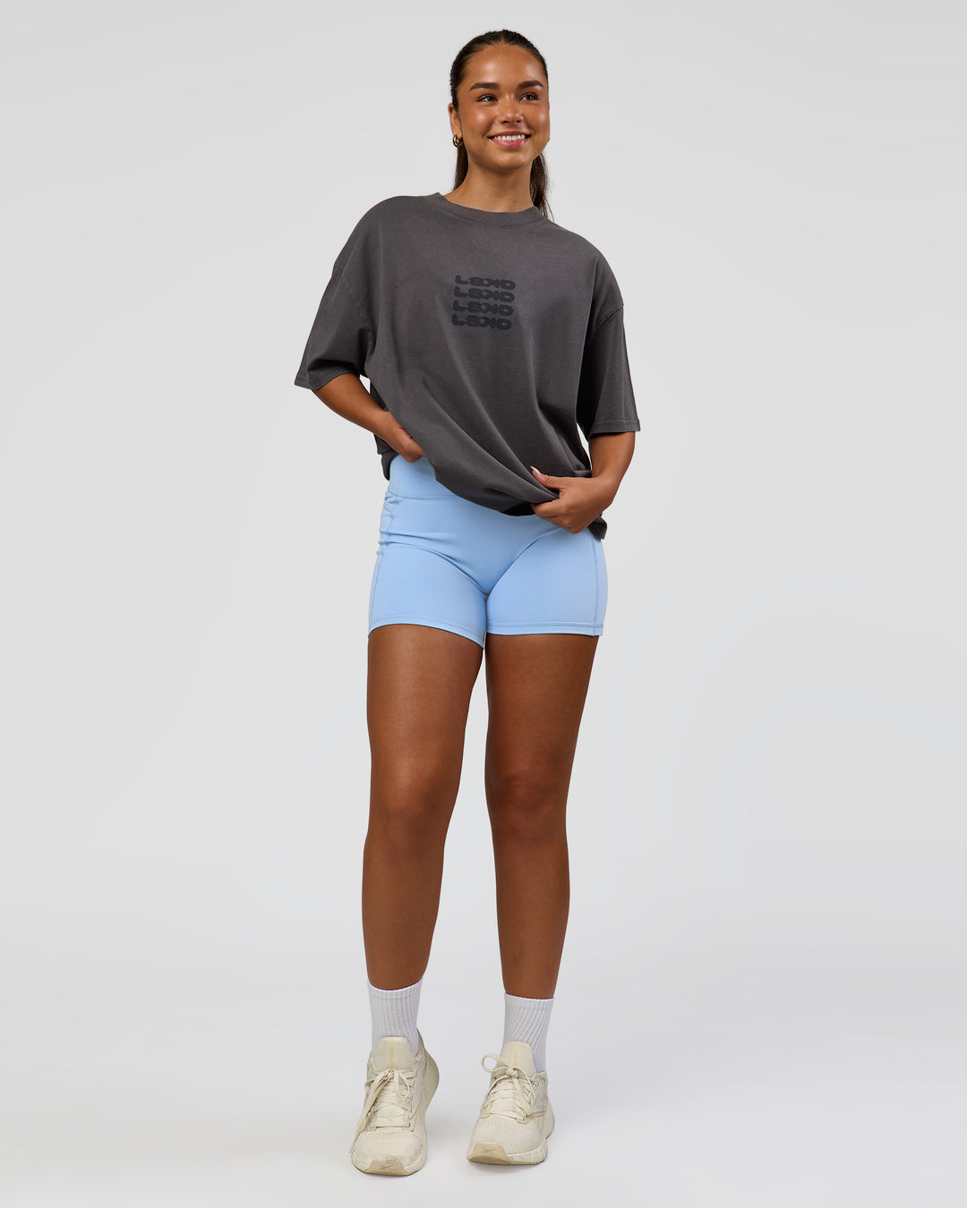 Woman wearing Move Fast Heavyweight Oversized Tee - Dark Storm Washed | Model:Sophia | Size:XS - view 8