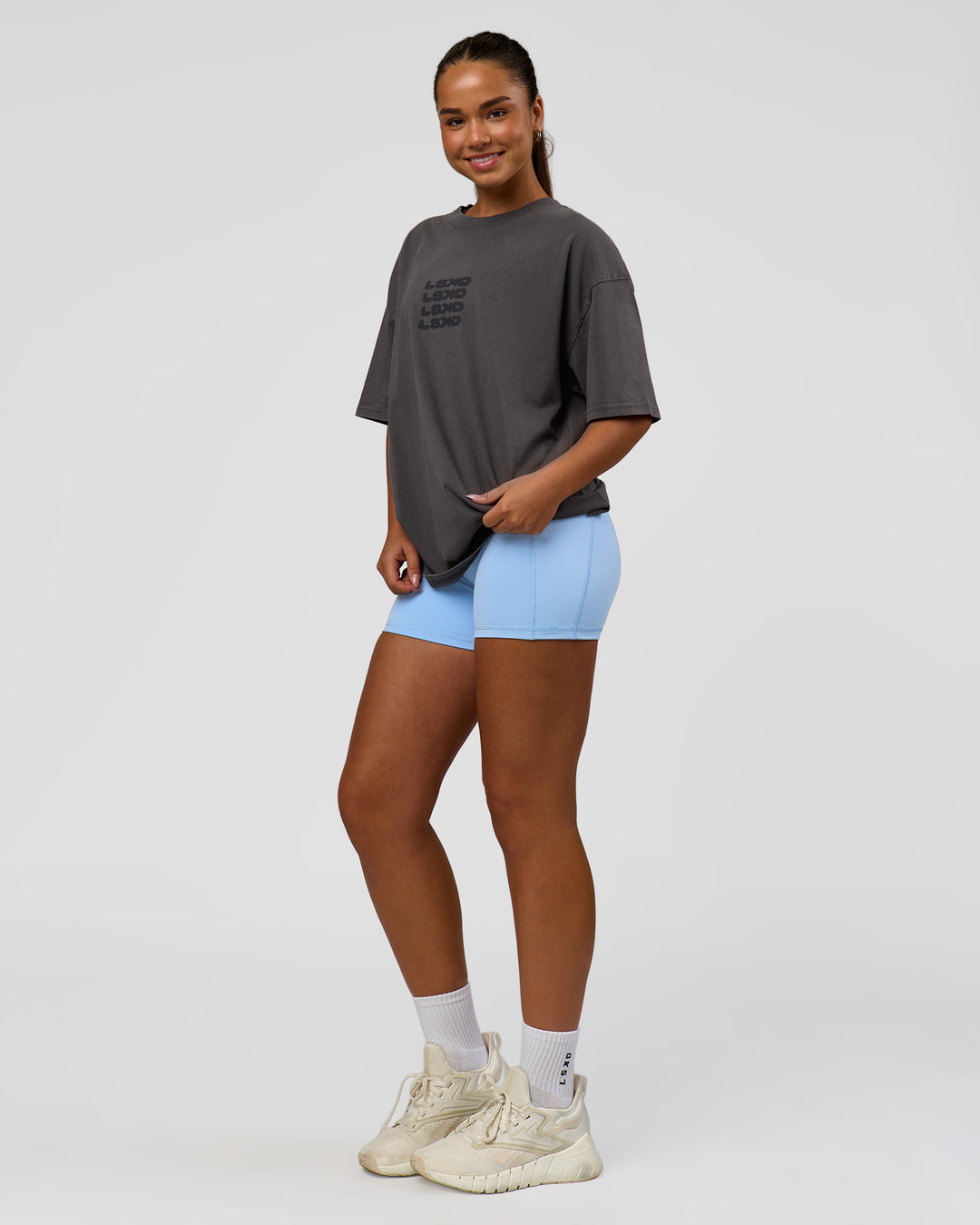 Woman wearing Move Fast Heavyweight Oversized Tee - Dark Storm Washed | Model:Sophia | Size:XS - view 11