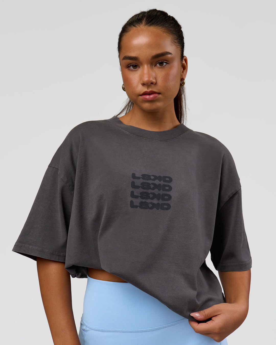 Woman wearing Move Fast Heavyweight Oversized Tee - Dark Storm Washed | Model:Sophia | Size:XS - view 4
