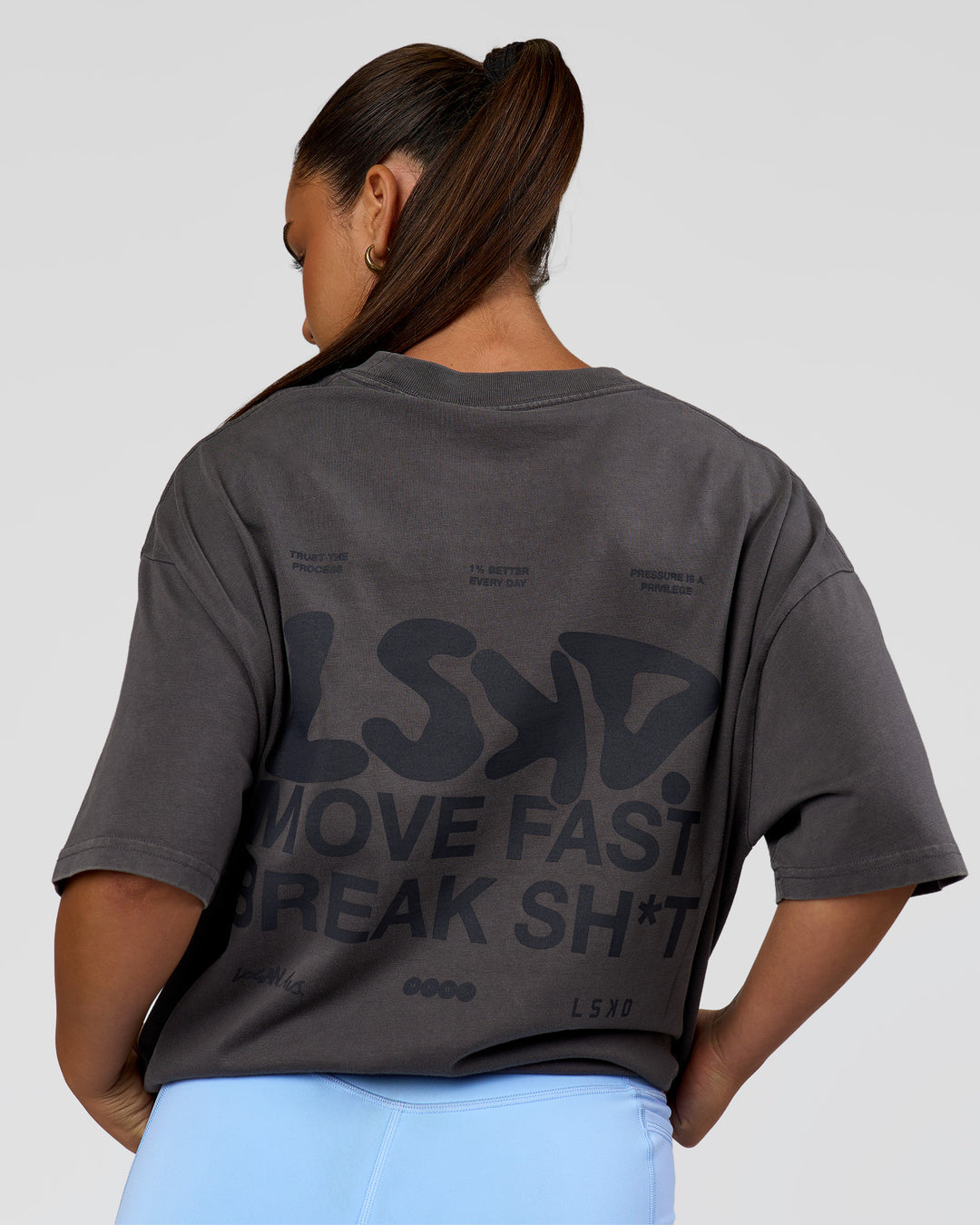 Woman wearing Move Fast Heavyweight Oversized Tee - Dark Storm Washed | Model:Sophia | Size:XS - view 5