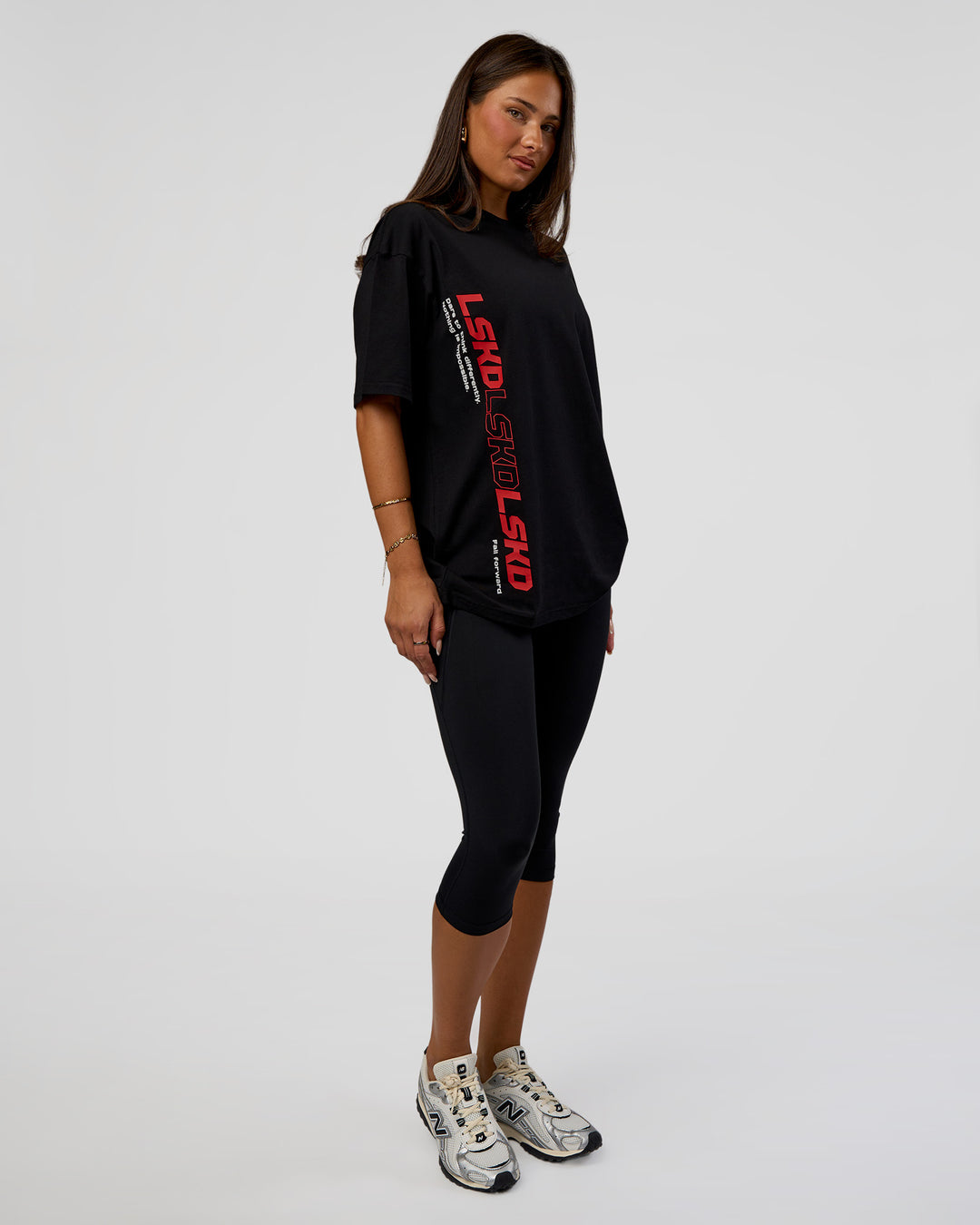 Woman wearing Nothing Is Impossible FLXCotton Oversized Tee - Black-Flame | Model:Bianca | Size:XS - view 13