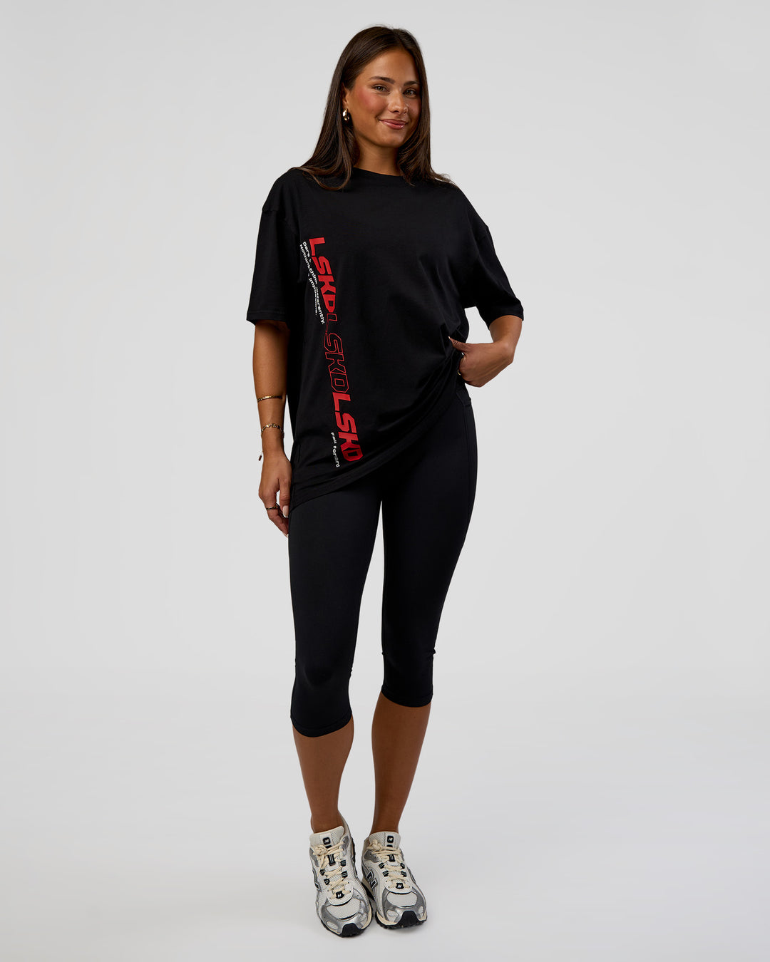 Woman wearing Nothing Is Impossible FLXCotton Oversized Tee - Black-Flame | Model:Bianca | Size:XS - view 8