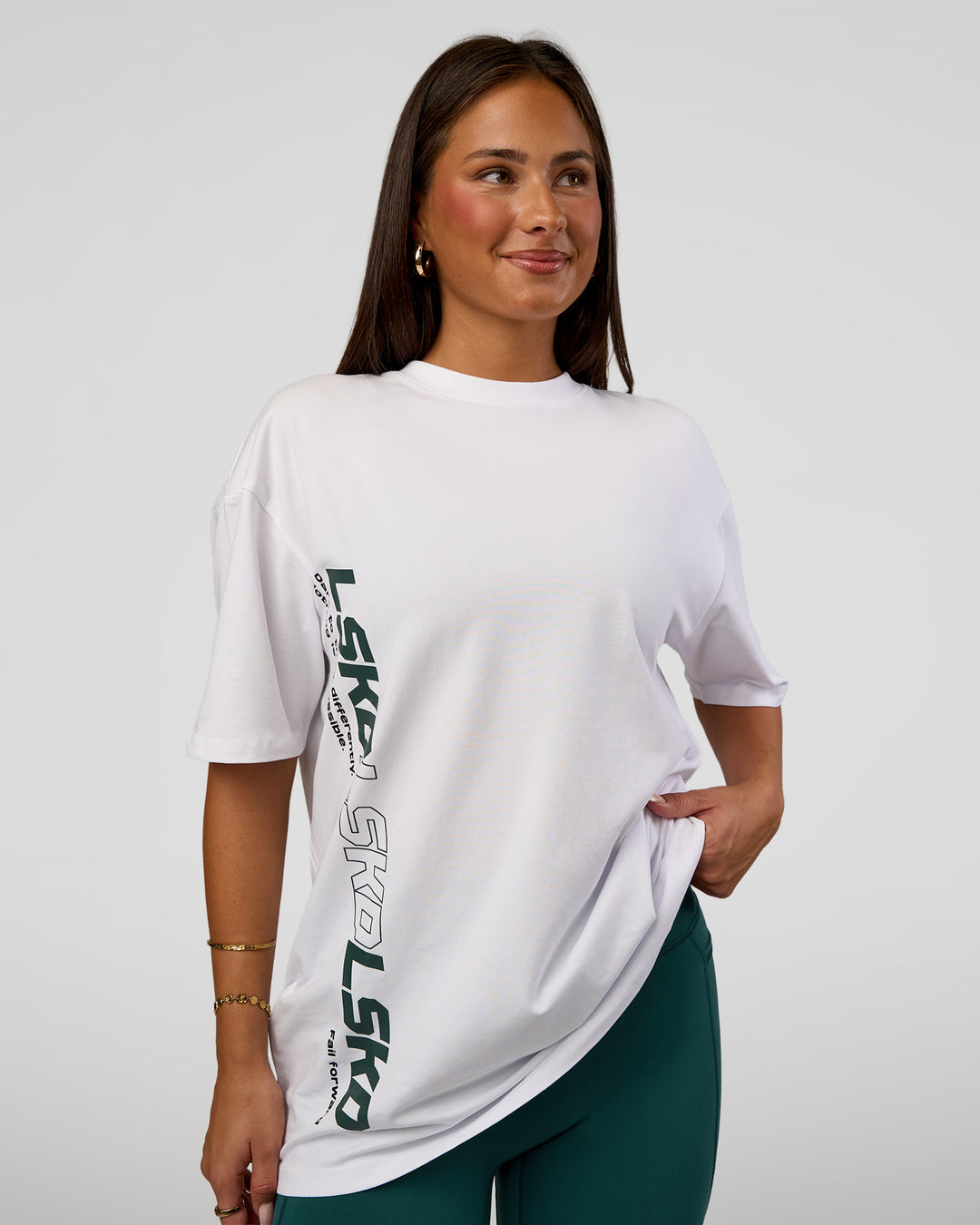 Woman wearing Nothing Is Impossible FLXCotton Oversized Tee - White-Vital Green | Model:Bianca | Size:XS - view 4