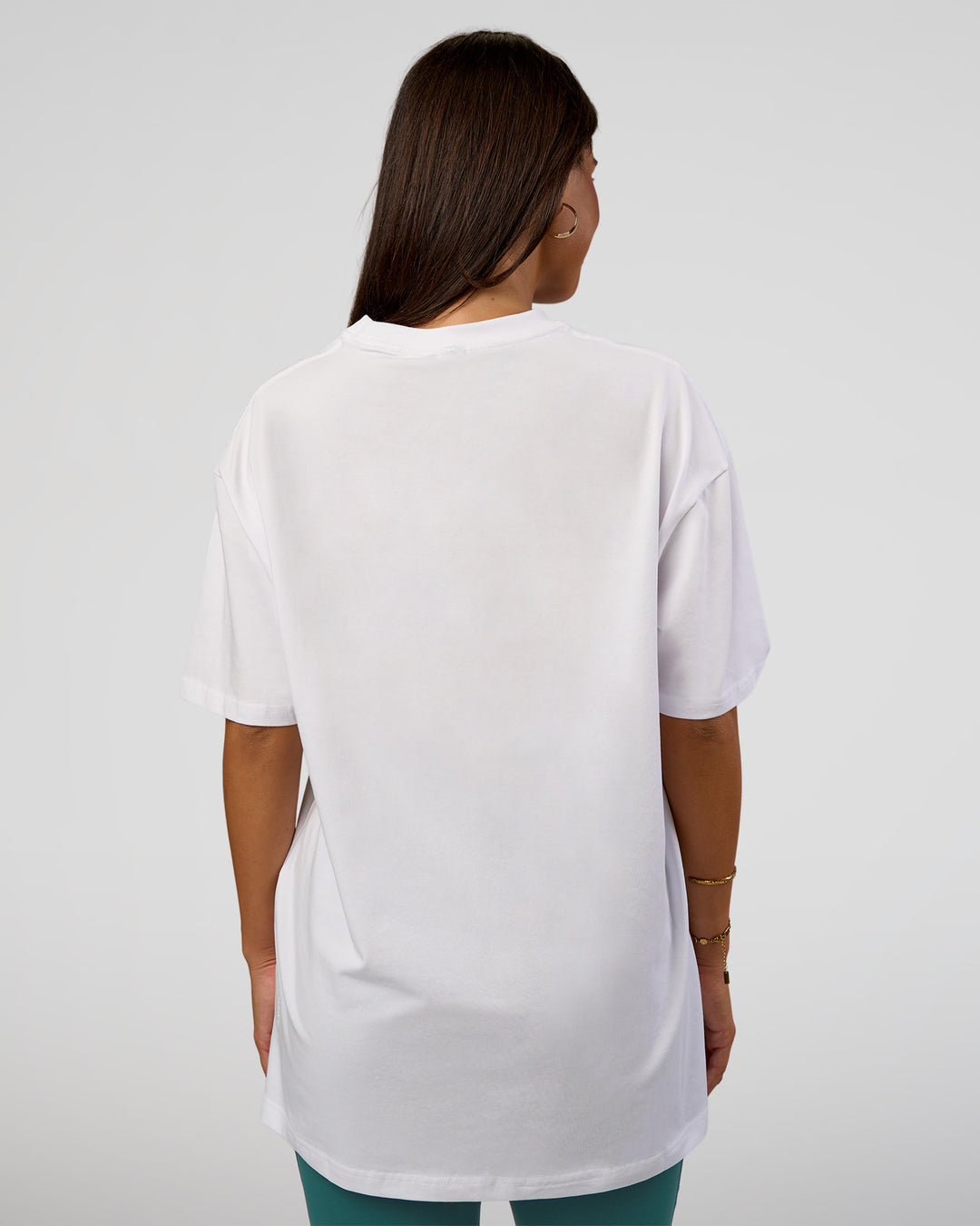 Woman wearing Nothing Is Impossible FLXCotton Oversized Tee - White-Vital Green | Model:Bianca | Size:XS - view 8