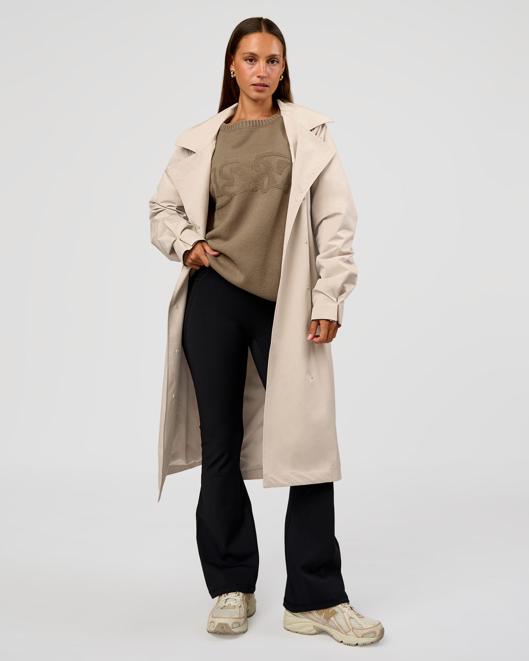 Woman wearing On the Move Trench Coat - Shale Beige | Model:Brylee | Size:XS - view 12