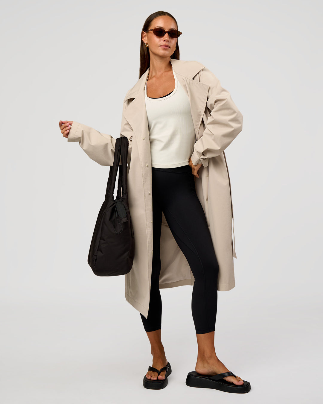 Woman wearing On the Move Trench Coat - Shale Beige | Model:Brylee | Size:XS - view 14