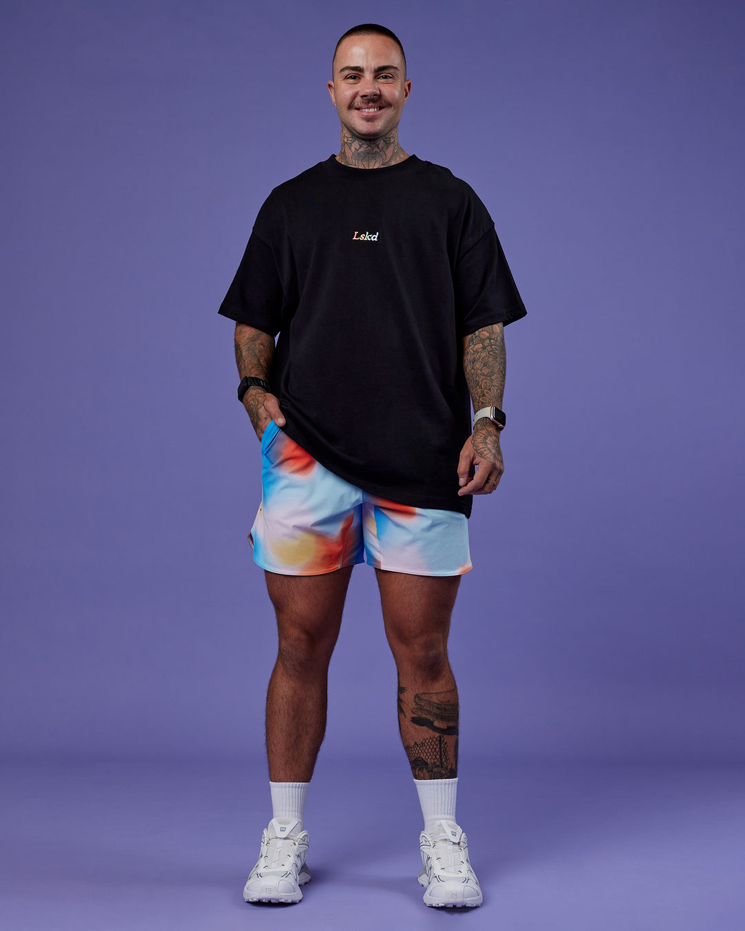 Man wearing Our Journey Heavyweight Oversized Tee - Black-Rainbow | Model:Tayden | Size:XS - view 10