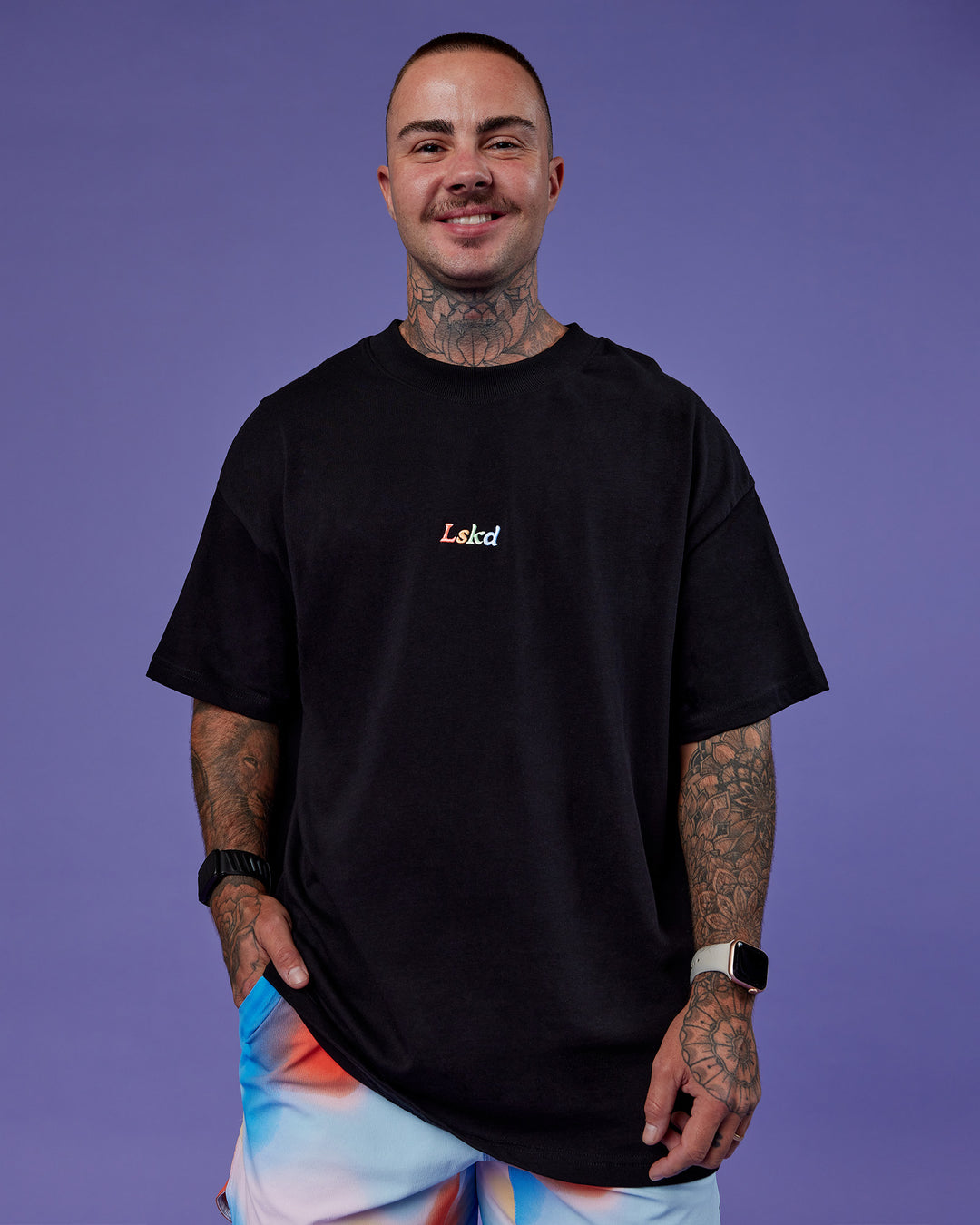 Man wearing Our Journey Heavyweight Oversized Tee - Black-Rainbow | Model:Tayden | Size:XS - view 8