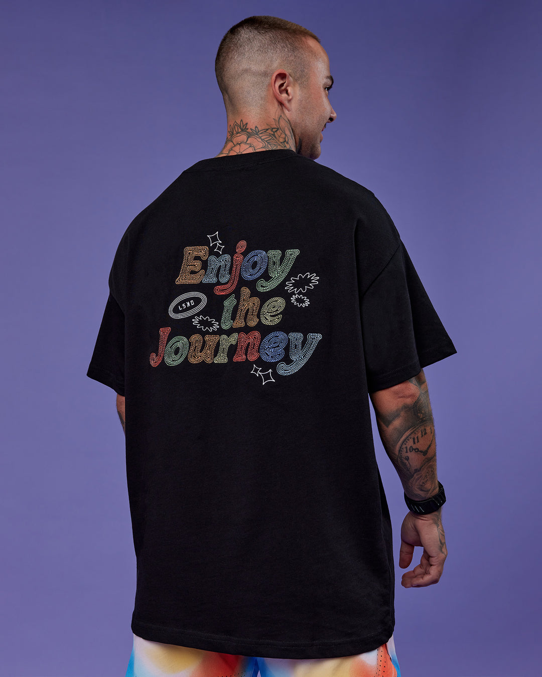 Man wearing Our Journey Heavyweight Oversized Tee - Black-Rainbow | Model:Tayden | Size:XS - view 2