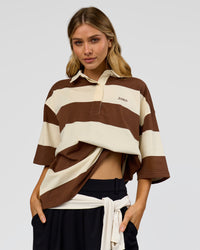 Woman wearing Oversized Rugby Polo - Off White - Brown | Model:Leilani | Size:XS | Thumbnail Index: 9