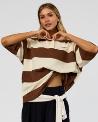 Woman wearing Oversized Rugby Polo - Off White - Brown | Model:Leilani | Size:XS | Thumbnail Index: 0