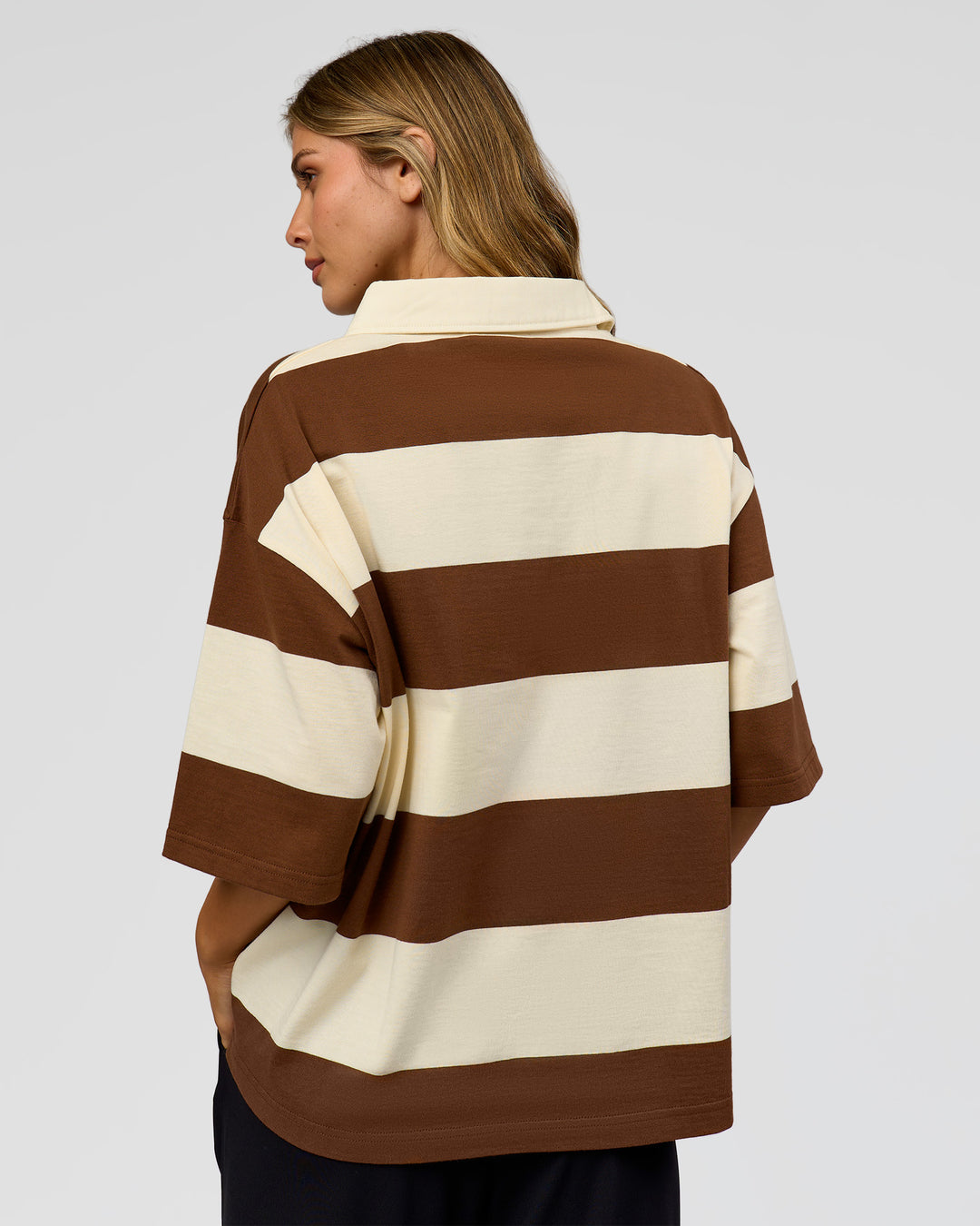 Woman wearing Oversized Rugby Polo - Off White - Brown | Model:Leilani | Size:XS - view 4
