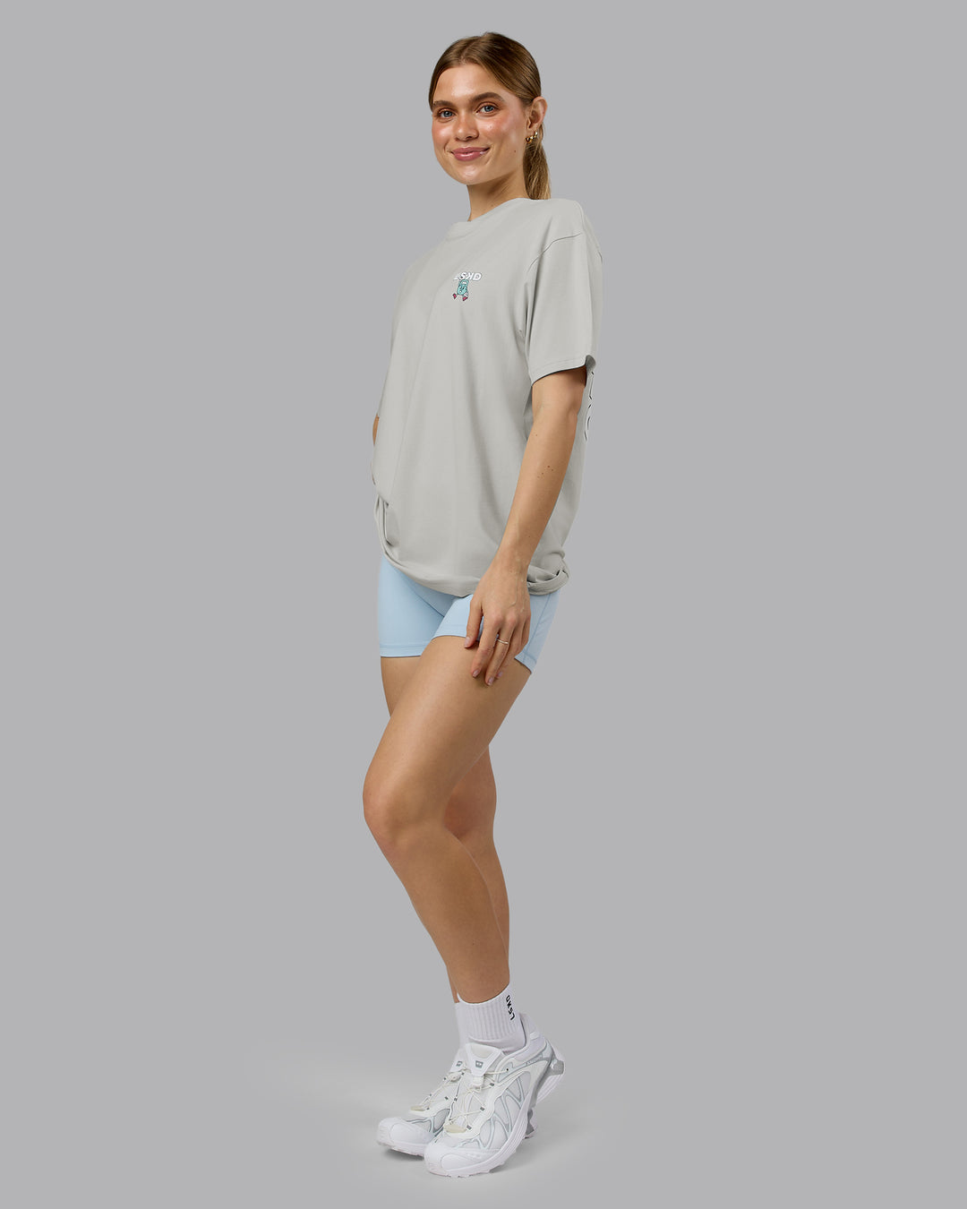 Woman wearing Perspective FLXCotton Oversized Tee - Digital Mist-White | Model:Emilie | Size:XS - view 5
